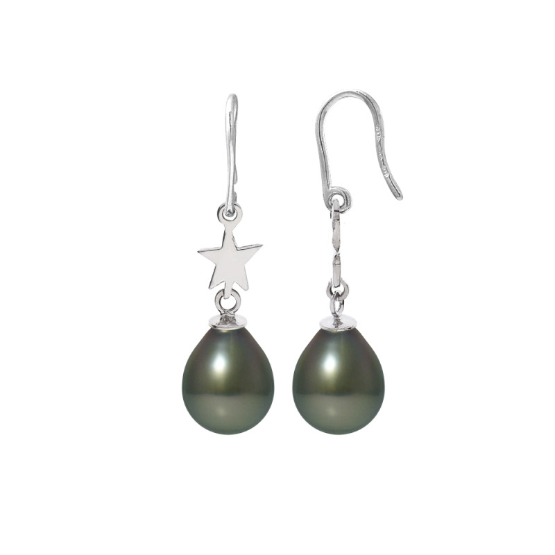 PERLINEA - Boucles d'Oreilles - Perles de Culture de Tahiti - Ronde 8/9 mm Noir