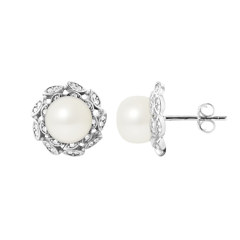 PERLINEA - Boucles d'Oreilles Corolle - Perles de Culture d'Eau Douce - Ronde 8/9 mm Blanc