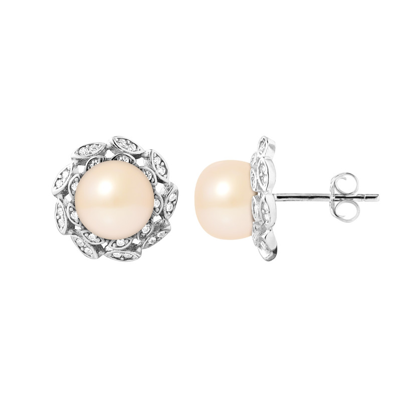 PERLINEA - Boucles d'Oreilles Corolle - Perles de Culture d'Eau Douce - Ronde 8/9 mm Rose