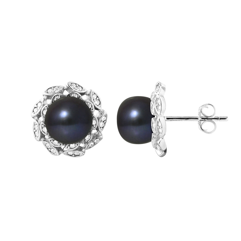 PERLINEA - Boucles d'Oreilles Corolle - Perles de Culture d'Eau Douce - Ronde 8/9 mm Noir