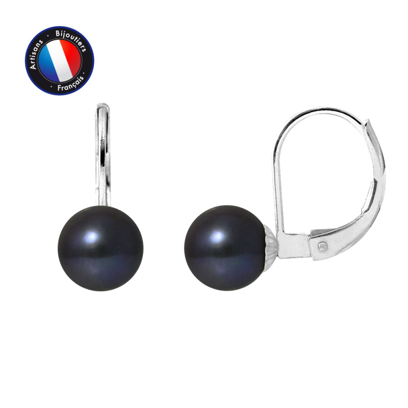PERLINEA - Boucle d'Oreilles - Perles de Culture d'Eau Douce - Ronde 7/8 mm Noir