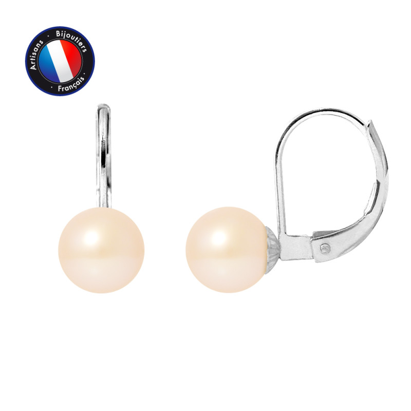 PERLINEA - Boucle d'Oreilles - Perles de Culture d'Eau Douce - Ronde 7/8 mm Rose