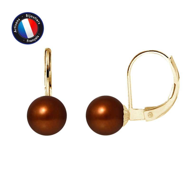 PERLINEA - Boucle d'Oreilles - Perles de Culture d'Eau Douce - Ronde 7/8 mm Chocolat