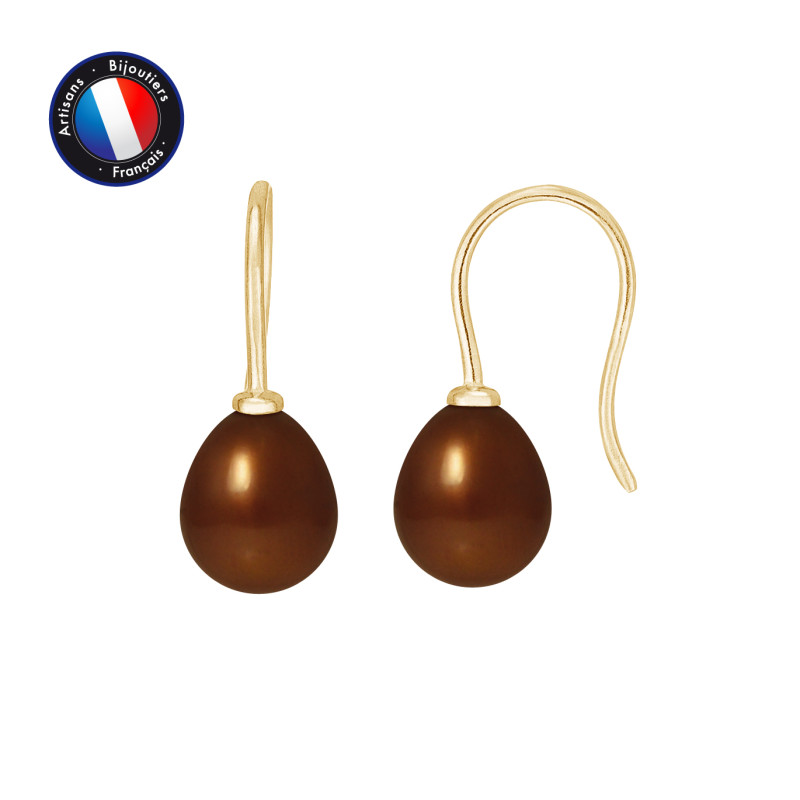 PERLINEA - Boucle d'Oreilles - Perles de Culture d'Eau Douce - Ronde 7/8 mm Chocolat