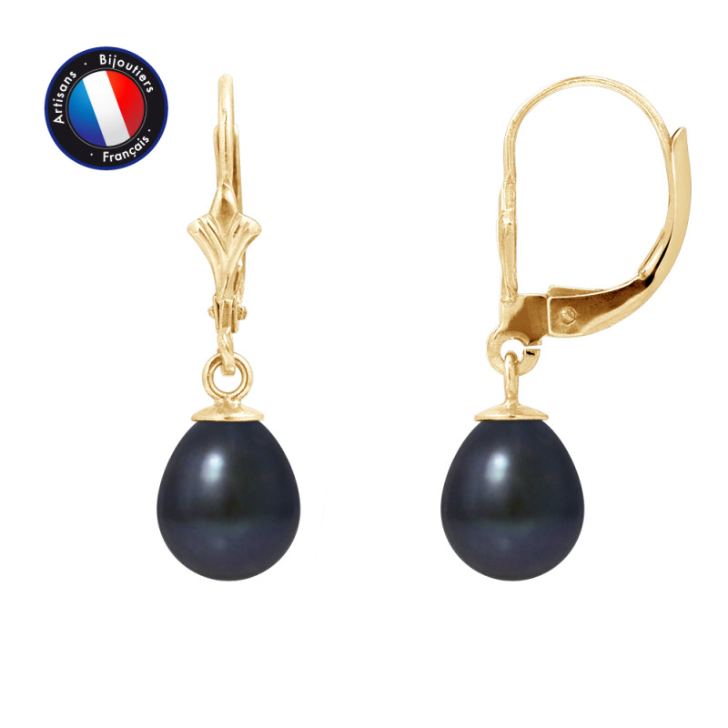 PERLINEA - Boucle d'Oreilles - Perles de Culture d'Eau Douce - Ronde 7/8 mm Noir