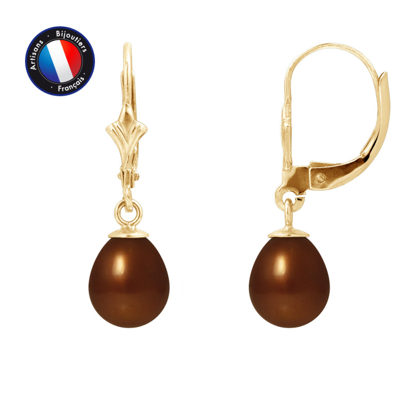 PERLINEA - Boucle d'Oreilles - Perles de Culture d'Eau Douce - Ronde 7/8 mm Chocolat