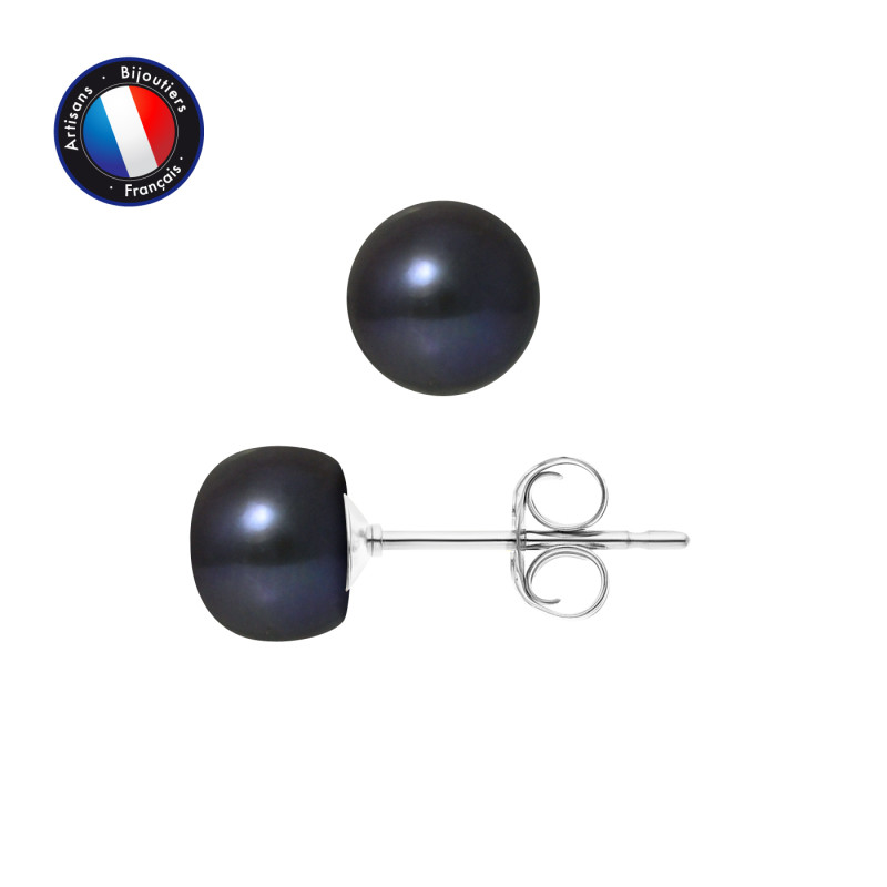 PERLINEA - Boucle d'Oreilles - Perles de Culture d'Eau Douce - Bouton 7/8 mm Noir