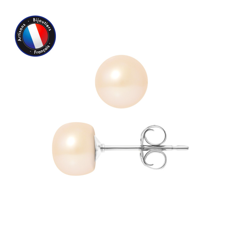 PERLINEA - Boucle d'Oreilles - Perles de Culture d'Eau Douce - Bouton 7/8 mm Rose