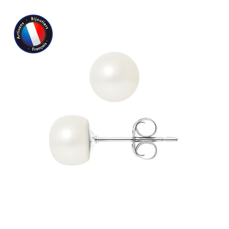 PERLINEA - Boucle d'Oreilles - Perles de Culture d'Eau Douce - Bouton 7/8 mm Blanc