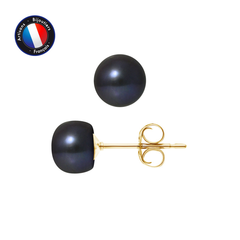 PERLINEA - Boucle d'Oreilles - Perles de Culture d'Eau Douce - Bouton 7/8 mm Noir