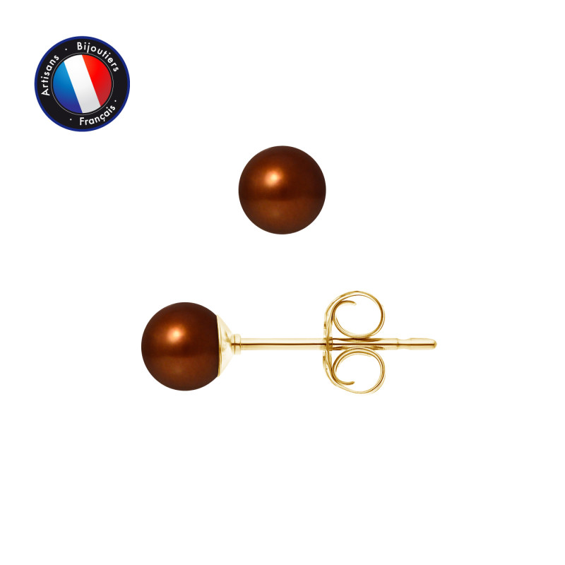 PERLINEA - Boucle d'Oreilles - Perles de Culture d'Eau Douce - Ronde 5/6 mm Chocolat